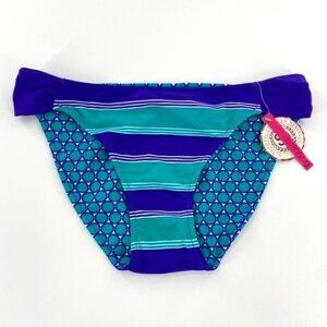 Reversible Swimsuit Bikini Bottoms Junior Sz M Blue Teal Striped Ruched SIdes